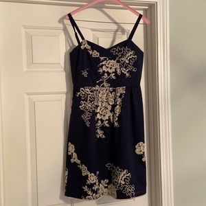 JCrew navy dress with cream embroidered flowers